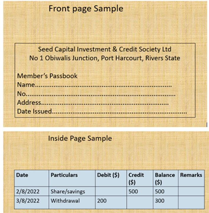 Sample of members; passbook showing front page and back page 