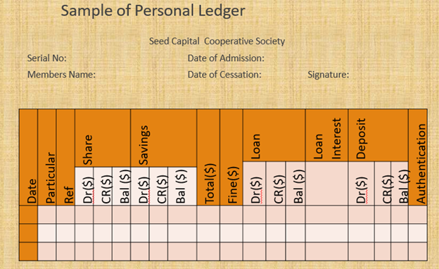 Sample of personal ledger that shows the total contribution by each member and also their balances. it is one key document used in cooperative